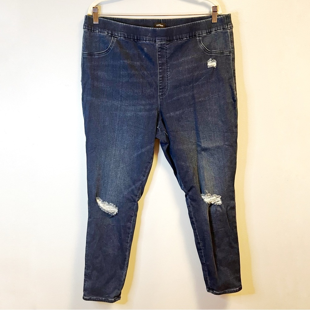 Express Jeggings Dark Wash Distressed Denim Pull On Jeans Sz XL (18-20-22) EUC